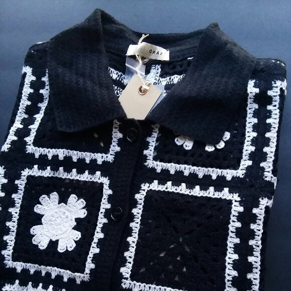 Crochet Floral Square Patchwork Black Ivory Polo Knit Button Shirt by Sandstone - Picture 2 of 8